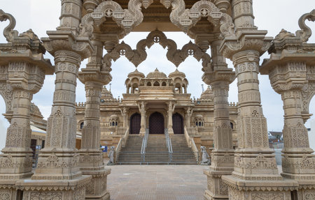 London, UK - Feb 27, 2024 - Entrance archway of The Shree Sanatan Hindu Mandir Hindu Temple (The...
