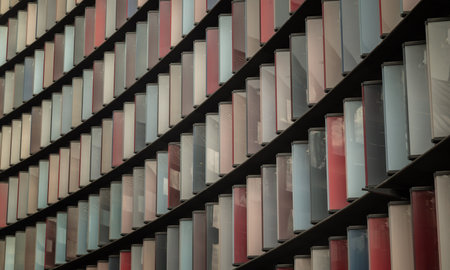 London, UK - Feb 27, 2024 - Colourful panels on the exterior on Modern architecture of Mizuho bank office building (2 New Ludgate) in city of london. Abstract multi coloured modern architecture, Block windows, Space for text, Selective focus.のeditorial素材