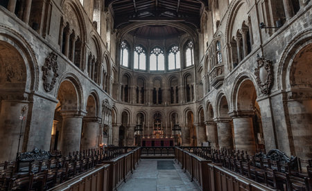 London, UK - Feb 27, 2024 - Interior view of The Church of St Bartholomew the Great in the City of London. Facing east, Space for text, Selective focus.のeditorial素材