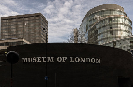 London, UK - Feb 27, 2024 - The exterior wall of The Museum of London documents the history from prehistoric to modern times. The museum is located on London Wall, Space for text, Selective focus.のeditorial素材