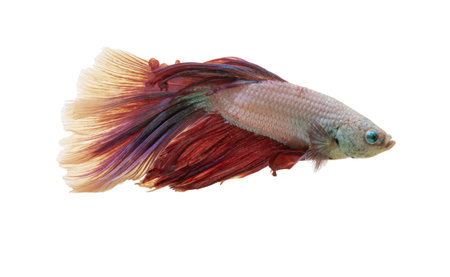 Detail of Red betta fish or Siamese fighting fish isolated on white background with clipping path. Beautiful movement of Betta splendens (Pla Kad). Selective focus.の写真素材