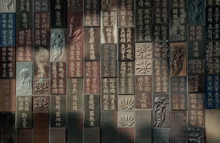 Bangkok, Thailand - Apr 11, 2024 - Chinese lettering teachings and Carved buddha images into a slab of colored tiles on temple wall of Fo Guang Shan Thaihua Temple. Taiwanese temple style, Space for text, Selective focus.のeditorial素材