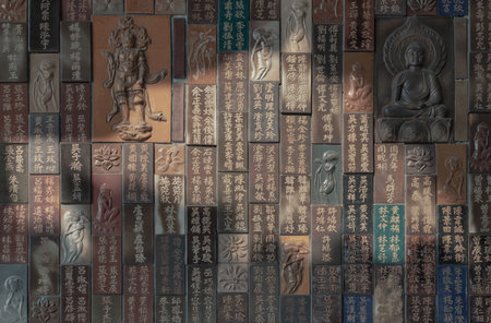 Bangkok, Thailand - Apr 11, 2024 - Chinese lettering teachings and Carved buddha images into a slab of colored tiles on temple wall of Fo Guang Shan Thaihua Temple. Taiwanese temple style, Space for text, Selective focus.のeditorial素材