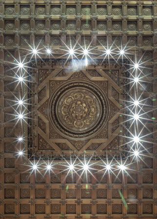 Bangkok, Thailand - Apr 11, 2024 - Decorative sculptures on ceiling interior the Buddhism church of Fo Guang Shan Thaihua Temple is famous place. Taiwanese temple style, Copy space, Selective focus.のeditorial素材