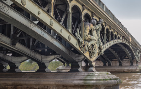 Sculptures decorating the two level bridge Bir Akime (Pont de Bir-Hakeim steel bridge) across the Seine River in Paris. Destinations in Europe. Space for text, Selective focus.の写真素材