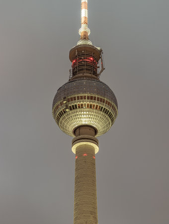 Berlin, Germany - Dec 18, 2023 - Famous Berlin Television Tower (Fernsehturm) with night sky background near Alexanderplatz in Berlin, A Tourist attraction and Meeting place, Space for text, Selective focus.のeditorial素材