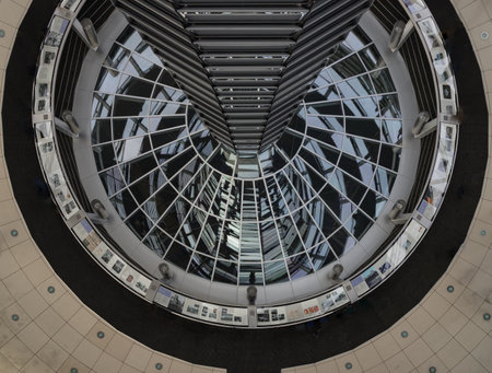 Berlin, Germany - Dec 20, 2023 - Architecture interior of the Cupola of the Reichstag dome is a glass dome constructed on top of the rebuilt Reichstag building. a major tourist attraction of the berlin city, Copy space, Selective focus.のeditorial素材