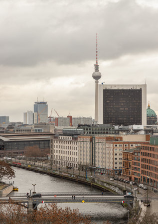 Berlin, Germany - Dec 20, 2023 - Berlin cityscape view from above of Reichstag building with Berlin TV-Tower, Berliner Dom, Marschall Bridge, River Spree and buildings at the downtown Berlin. a major tourist attraction of the berlin city, Space for text, のeditorial素材
