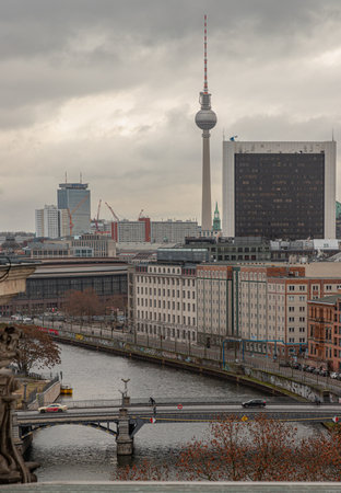 Berlin, Germany - Dec 20, 2023 - Berlin cityscape view from above of Reichstag building with Berlin TV-Tower, Berliner Dom, Marschall Bridge, River Spree and buildings at the downtown Berlin. a major tourist attraction of the berlin city, Space for text, のeditorial素材