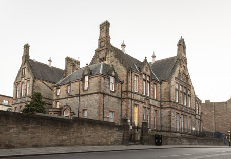 Edinburgh, Scotland - Jan 17, 2024 - Exterior view of the Milton House Public School or Royal Mile primary school on Royal Mile in the Old Town of Edinburgh city. Space for text, Selective focus.のeditorial素材