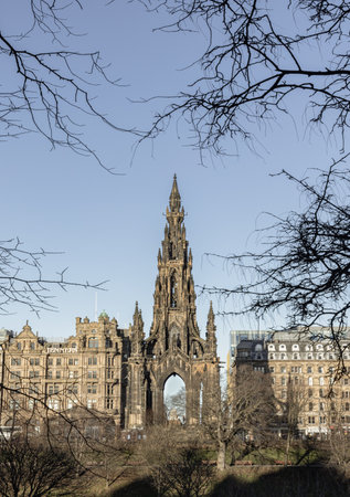 Edinburgh, Scotland - Jan 16, 2024 - A view of The Scott Monument is a Victorian Gothic monument to Scottish author Sir Walter Scott. It is the largest monument to a writer in Princes Street Gardens at the city of Edinburgh. Copy space, Selective focus.のeditorial素材