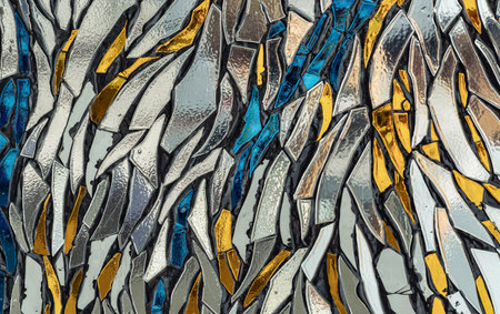The walls are decorated with colorful Stained glass scraps mosaic. Scraps glass texture background, Creativity, art and design, Space for text, Selective focus.の写真素材