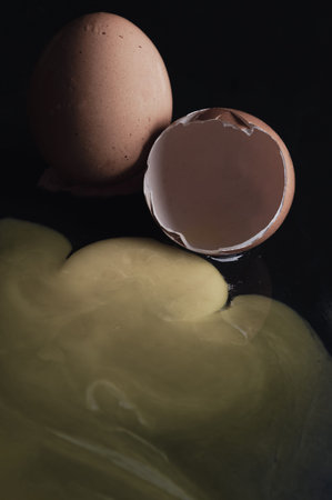 View of Broken egg yolk with Broken raw chicken eggshell in front of Fresh chicken egg (Hen eggs) on...