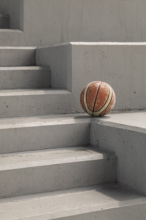 Old basketball ball on cement floor with Stairs leading and Natural light. use it as your Wallpaper, Poster and Copy space, Selective focus.の写真素材