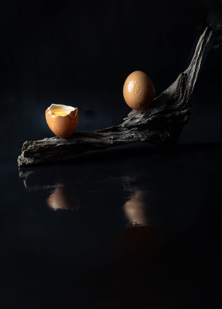 View of Broken raw chicken egg and Fresh chicken egg (Hen eggs) on Log with Dark background. Fresh...