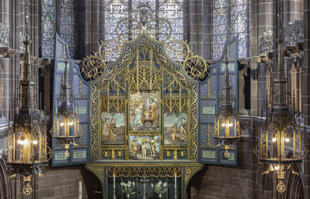 Liverpool, England - Oct 07, 2023 - The Golden Altar inside of the Anglican Cathedral Liverpool or Liverpool Cathedral aka Cathedral Church of Christ in Liverpool. it's the world's largest Anglican cathedral church building, Space for text, Selective focuのeditorial素材