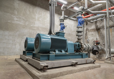 Bangkok,Thailand - 17 Nov, 2024 - Cold water pump of Condominium. Large blue water pumps motor and pipeline to deliver cooling water supply system into production process, Space for text, Selective focus.のeditorial素材