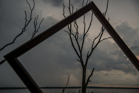 Portrait of landscape of sunset sky with dry tree looking through at empty photo frame at Bang Pra reservoir at Chonburi Province, Thailandの写真素材