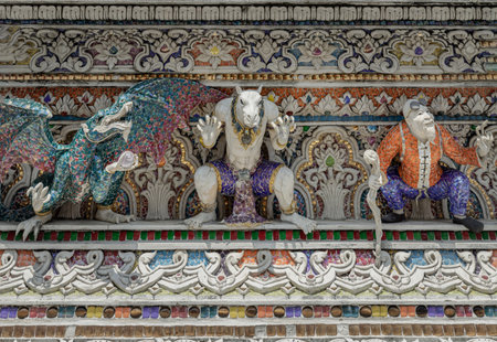 Bangkok, Thailand. Mar - 12, 2022 - Statues of character that mixes modern anime and cartoons with historical folklore made from plaster decorated exterior the chapel at Wat pariwat ratchasongkram temple. charm lies in its unexpected blend Merging Pop Culのeditorial素材