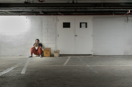Bangkok, Thailand 23 Dec, 2024 - Staff female looks and using her smartphone while sitting waiting for the storage room to open. use it as your Wallpaper, Poster and Space for text, Selective focus.の写真素材