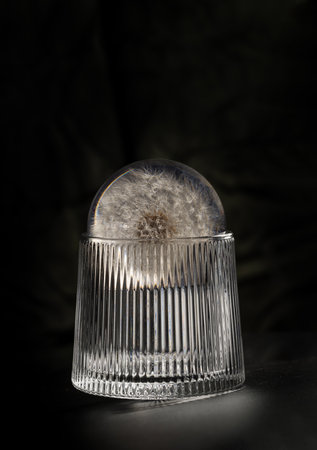 Design elements of Round crystal with preserved fresh flower dandelion on Whiskey glass on dark background with reflection. use it as your Wallpaper, Poster and Space for text, Selective focus.の写真素材