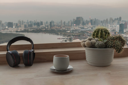 Bangkok, Thailand 02 Jan,2025 - Relaxation area or Working space in Condominium balcony overlooking...
