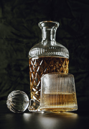 Design elements of The crystal decanter, Glass Lid with glass on dark background with reflection....