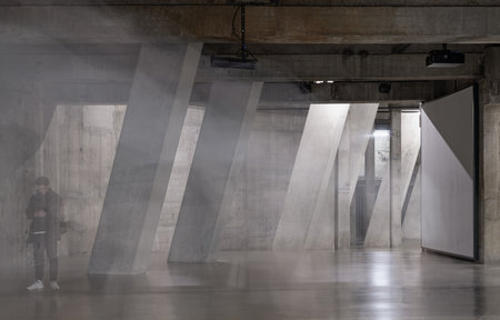 London, UK - Nov 07, 2023 - View of Concrete pillars inside. Interior with distinctive and lattice brickwork. Angular structure, Space for text, Selective Focus.の写真素材