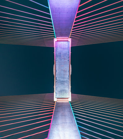 Bangkok, Thailand - Jan 10, 2025 - Look up view on The girders of a cable-stayed bridge at Thotsamarachan Bridge or King Rama X Bridge with dark sky in the background. use it as your Wallpaper, Poster and Copy space, Selective focus.の写真素材