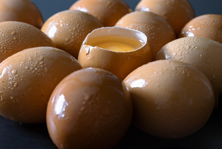 View of Egg yolk in Broken raw chicken eggshell in the among of Fresh chicken egg (Hen egg) on dark background. Natural organic fresh eggs for healthy food, use it as your Space for text, Design and Poster, Selective focus.の写真素材
