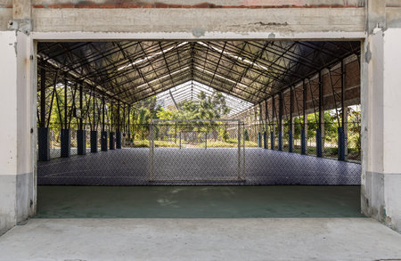 Soccer goal or Football gate with white net inside indoor soccer football court at city park.の写真素材