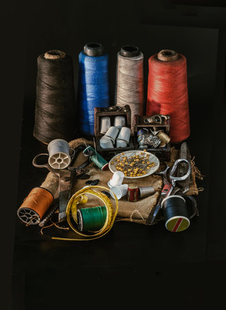 Thimbles in small wooden treasure chest, Spools of thread of various colour, Sewing needles stuck in a green miniature spools thread, Steel scissors and Measuring tape including pins in small round tray on Sackcloth with Black background. Sewing items set or Sewing notions (Sewing objects), use it as your Wallpaper, Poster and Copy space, Selective focus.の写真素材