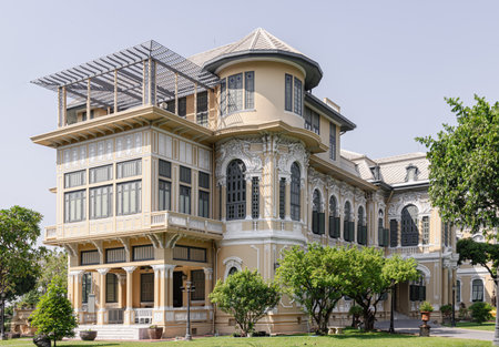 Bangkok, Thailand - Mar 02, 2025 - Architectural exterior of The Bang Khun Phrom is a magnificent, early 20th century European style palace in neo-Baroque / Rococo style combined German Art Nouveau style situated on the banks of the Chao Phraya river. is a former royal residence in Bangkok, Selective focus.の写真素材