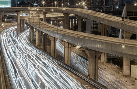 Bangkok, Thailand - Jan 10, 2025 - A nightscape view with bright glowing light trails effect of many cars headlights and rear lights on urban expressway of Bangkok. Long exposure for Light curve lines, use it as wallpaper, Poster and Space for text, Selective focus.の写真素材