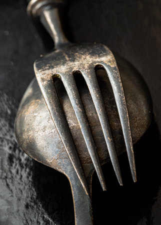 Close-up of Ancient worn vintage cutlery on the dark background. Crossed black metal spoon and fork...