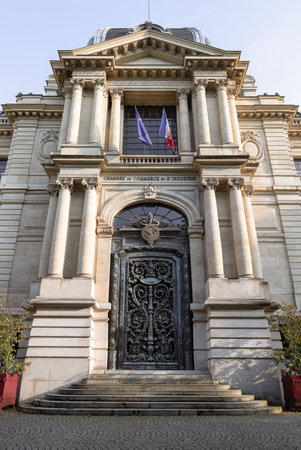 France, Paris - May 03, 2025 - Exterior architectural design of a historic building in Paris and the ile-de-france region. It is located at Friedland avenu, use it as your Wallpaper, Poster and Copy space, Selective focus.の写真素材