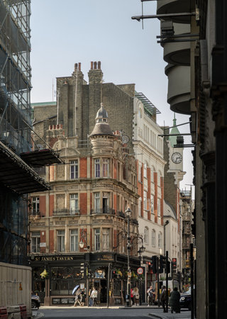 London, UK - May 13, 2025 - A scenery view of St.James tavern pub is Historic building at Shaftesbury avenue and Denman street in London. use it as your Wallpaper, Poster and Space for text, Selective focus.の写真素材