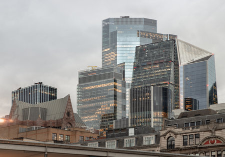 London, UK - May 07, 2025 - The magnificent view From Tower Bridge To The skyscrapers of Financial District in City of London. use it as your Wallpaper, Poster and Space for text. Selective focus.の写真素材