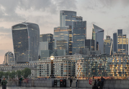 London, UK - Apr 27, 2025 - The Picturesque view of The Skyscrapers of Financial District by River Thames after sunset in City of London. use it as your Wallpaper, Poster and Copy space. Selective focus.の写真素材