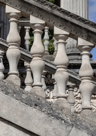 London, UK - Jun 28, 2025 - Several balusters classic constructed from stone, which are the vertical supports forming the railing of the grand staircase of Chiswick House. use it as your Wallpaper, Poster and Space for text, Selective focus.の写真素材