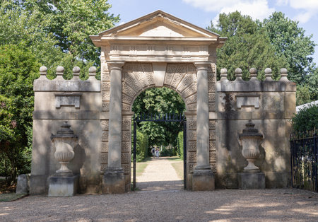 London, UK - Jun 28, 2025 - Architectural splendour of the Inigo Jones Gateway, which is located within the Chiswick House and Gardens at West London. use it as your Wallpaper, Poster and Space for text, Selective focus.の写真素材