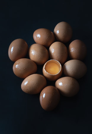 Top view of Egg yolk in Broken raw chicken eggshell in the among of Fresh chicken egg (Hen egg) on dark background. Natural organic fresh eggs for healthy food, use it as your Space for text, Design, Wallpaper and Poster, Selective focus.の写真素材