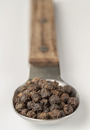 Perspective view of Raw organic black peppercorns or Dry black pepper seeds in stainless steel spoon...