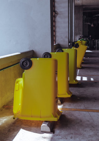 Bangkok, Thailand - Jan 18, 2025 - View of After cleaning big plastic yellow garbage container and...