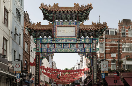London, UK - May 13, 2025 - Stunning of London Chinatown entrance gate in traditional chinese design...