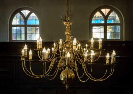 Royal Tunbridge Wells, UK - Apr 29, 2025 - Beautiful view of Chandelier hanging from the ceiling...