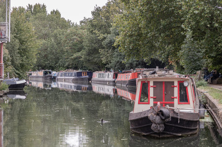 London, UK - Aug 23, 2025 - Narrowboats and Houseboats moored on the water alongside the Grand Union Canal. The serene setting is characterized by lush greenery lining the banks, reflecting in the calm water. use it as your Wallpaper, Poster and Copy space, Select Focus.の写真素材