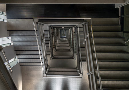 Newcastle, UK - Apr 11, 2025 - Looking down into the Square shaped Spiral staircase inside of Centre...