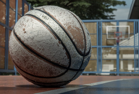 The worn surface of an old basketball is prominent on the outdoor court. A hoop and fiberglass backboard attached to a blue steel fence serve as a backdrop. Copy space.の写真素材