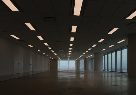 Bangkok, thailand - 11 Oct, 2025 -  In a large, empty room where floor-to-ceiling windows frame a panoramic city skyline view, a polished, reflective floor and a grid of ceiling lights define the office space. Copy space, Selective focus.の写真素材